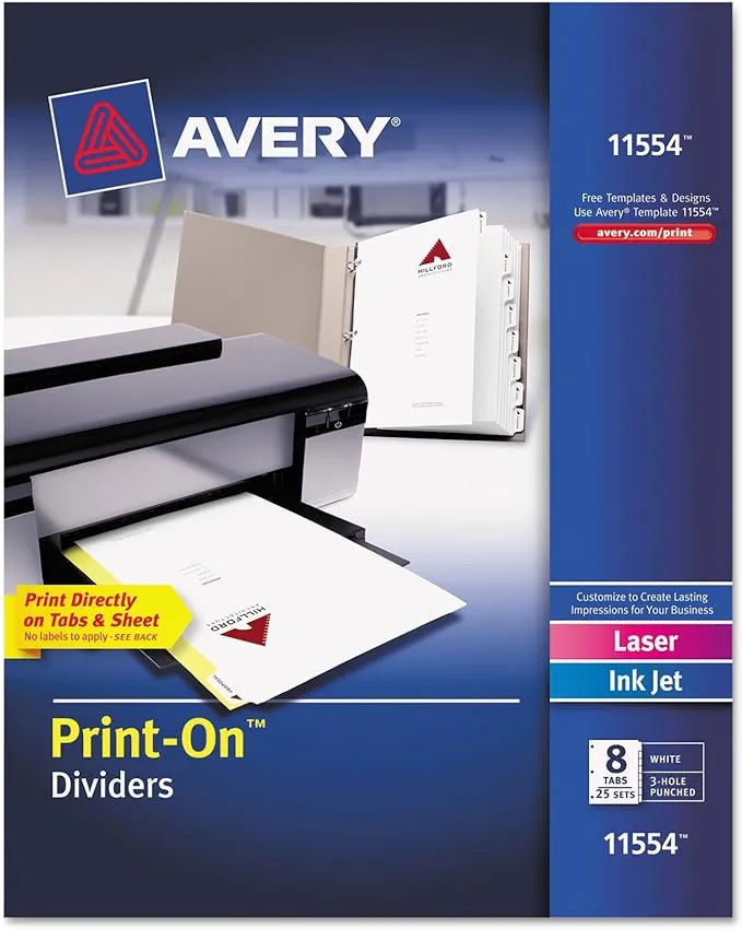 Avery 8-Tab Print-On Binder Dividers, White Tabs, 25 Sets (11554)