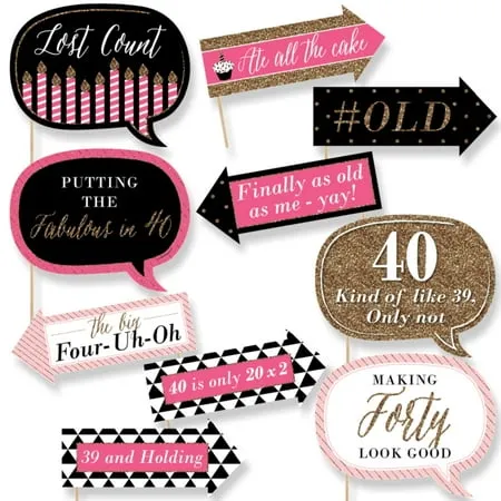 Funny Chic 40th Birthday - Pink, Black and Gold - Photo Booth Props - 40th Birthday Party Photo Booth Prop Kit - 10 Photo Props