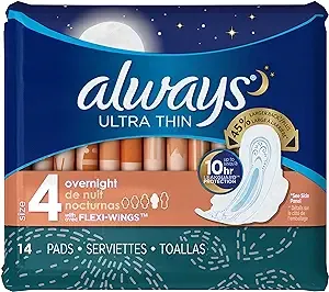 Always Ultra Thin Size 4 Overnight Pads With Wings Unscented, 14 Count (3700030165)