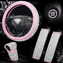 car mingzuo Set of 5 Bling car Accessories for Women Girly,Diamond Steering Wheel Covers Universal Fit 15Inch,Rhinestone Seat Belt 2pcs,Glitter Shift knob Cover,Crystal Push Start Button Bling（Pink）