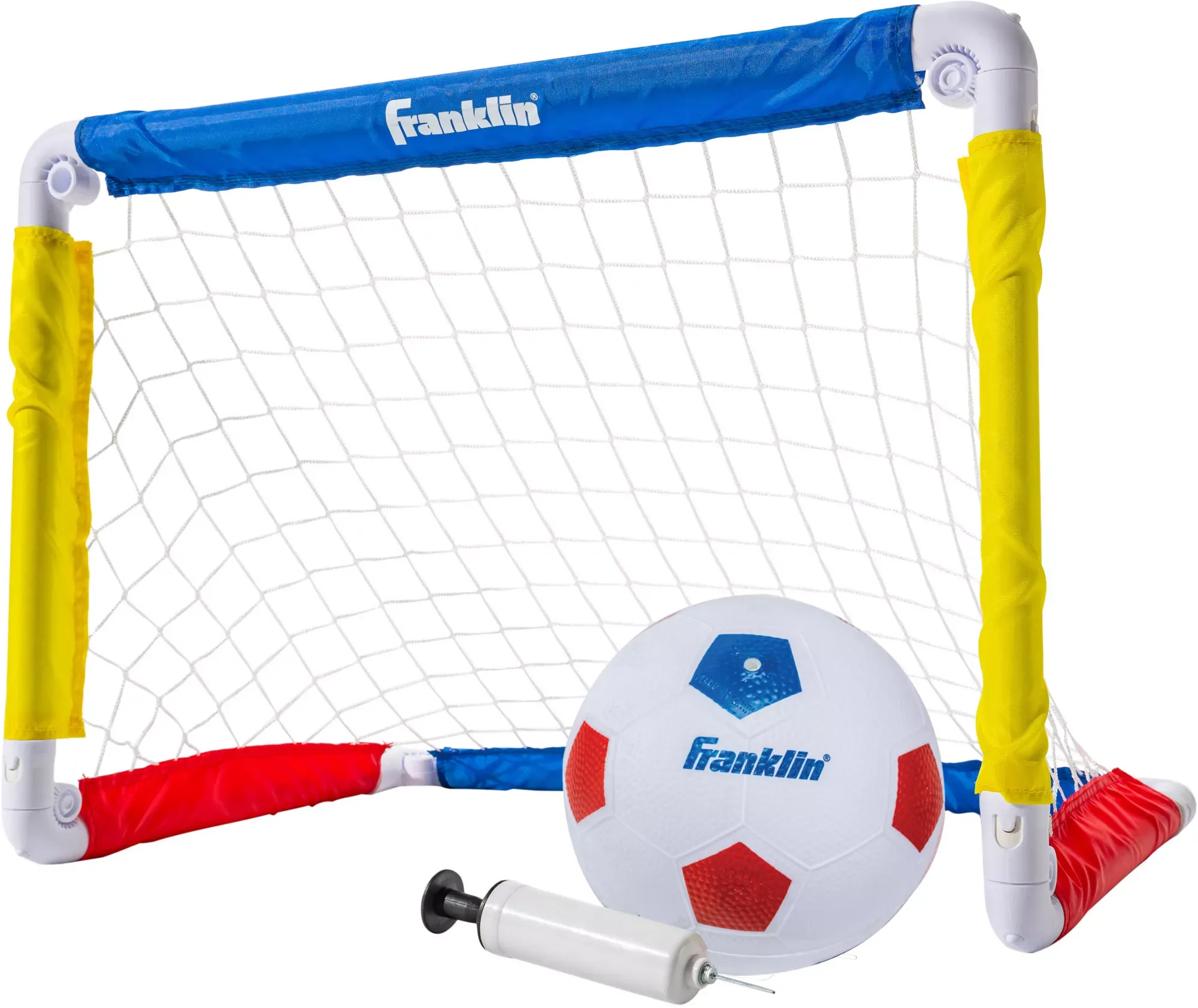 Franklin Sports Kids Mini Soccer Goal Set - Backyard/Indoor Mini Net and Ball Set with Pump - Portable Folding Youth Soccer Goal Set - 24" x 16" , Red/Blue/Yellow