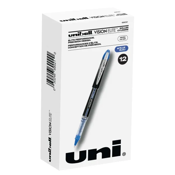 uni-ball Vision Rollerball Pens Fine Point Ultra-Micro Tip, 0.38mm, Blue, 12 Pack