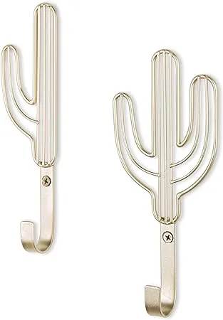 Wall-Mounted Brass-Tone Metal Cactus Coat Hooks, Set of 2