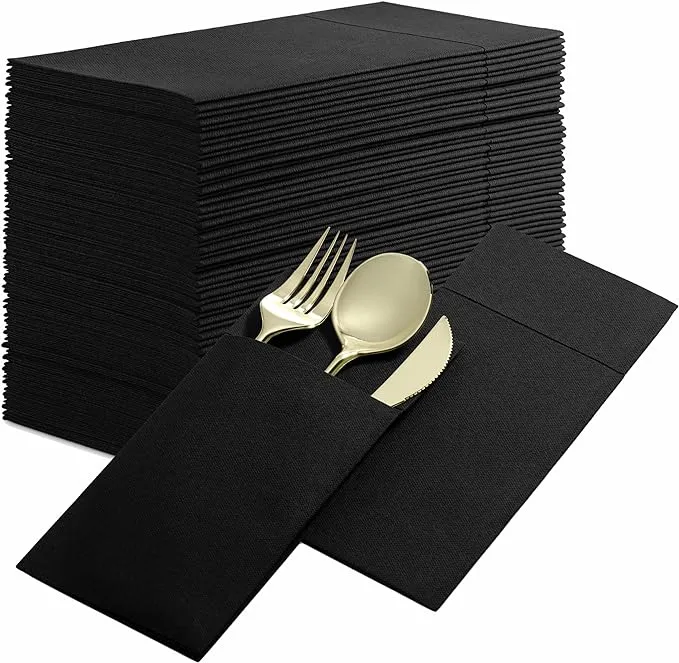 Disposable Linen-Feel Dinner Napkins with Built-in Flatware Pocket, 50-Pack BLACK Prefolded Cloth Like Paper Napkins For Dinner, Wedding Or Party [Silverware NOT Included]