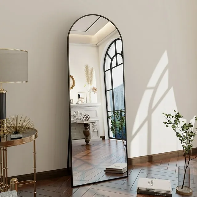 GLSLAND Full Length Mirror Arch Standing Floor Mirror, 64"x21" Arched Wall Mirror, Black