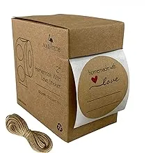 2” Homemade with Love Canning Labels with Lines for Writing, 500 Stickers per Roll in Dispenser Box, Plus Bonus 50’ of Twine String