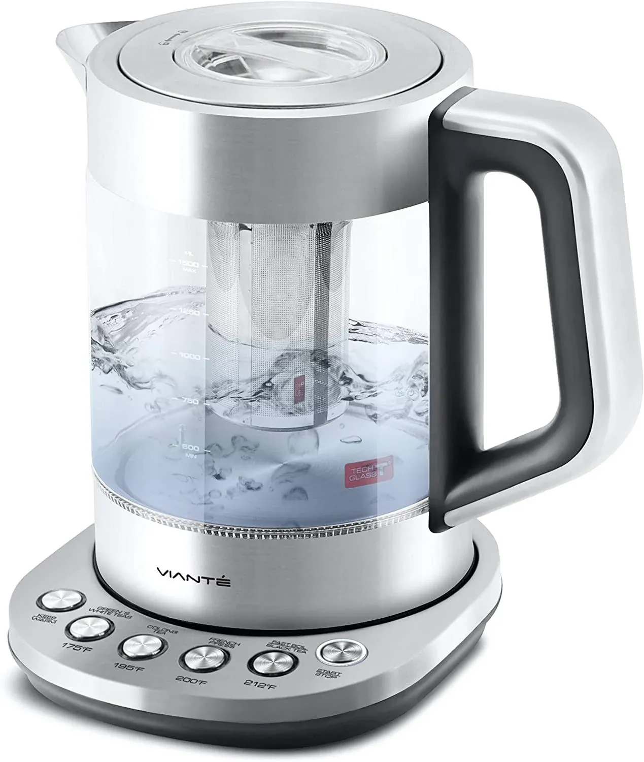 Vianté Hot Tea Maker Electric Glass Kettle with Tea Infuser and Temperature Control. Automatic Shut Off. Brewing Programs for Your Favorite Teas and