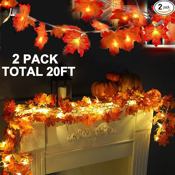 TURNMEON 2 Pack Thanksgiving Decorations Enlarged Maples Leafed Fall Decorations for Home Fall Lights Thick Leafs Garlands, Total 20Ft 40LED Battery Operated Waterproof Halloween Decor Indoor Outdoor