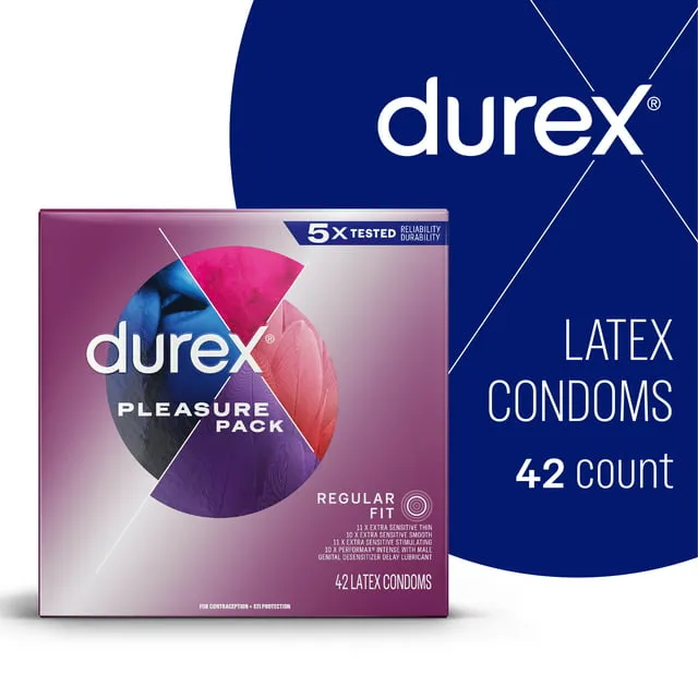 Durex Pleasure Pack Assorted Condoms For Men, Mix of Stimulation, Lubricated Rubber Latex, FSA/HSA, 42 ct