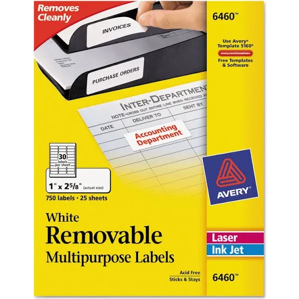 Avery 6460 Laser/Inkjet Labels,Removable,1-Inch x2-5/8-Inch, 750/PK,WE