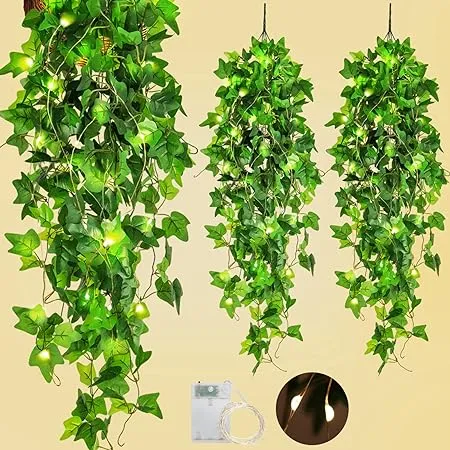 RECUTMS Hanging Fake Plants 4 Pack Artificial Vines Silk Ivy with 30 Led Fairy String Lights Indoor and Outdoor Home Garden Hanging Green Leaves Decoration