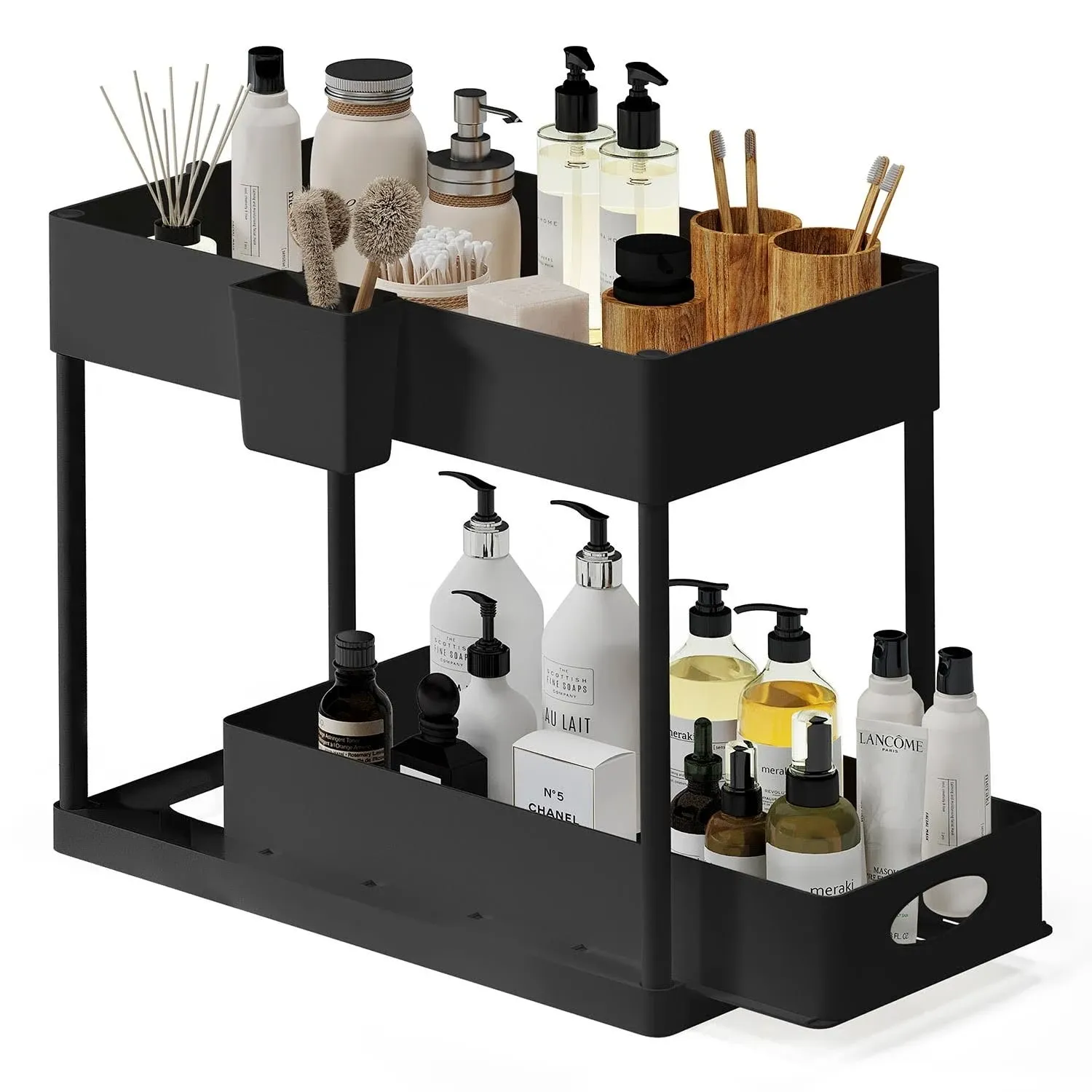 Storagebud 2 Tier Under Kitchen Sink Organizer with Sliding Drawer-Bathroom Cabinet Organizer with Utility Hooks and Side Caddy - 2 Pack - Black