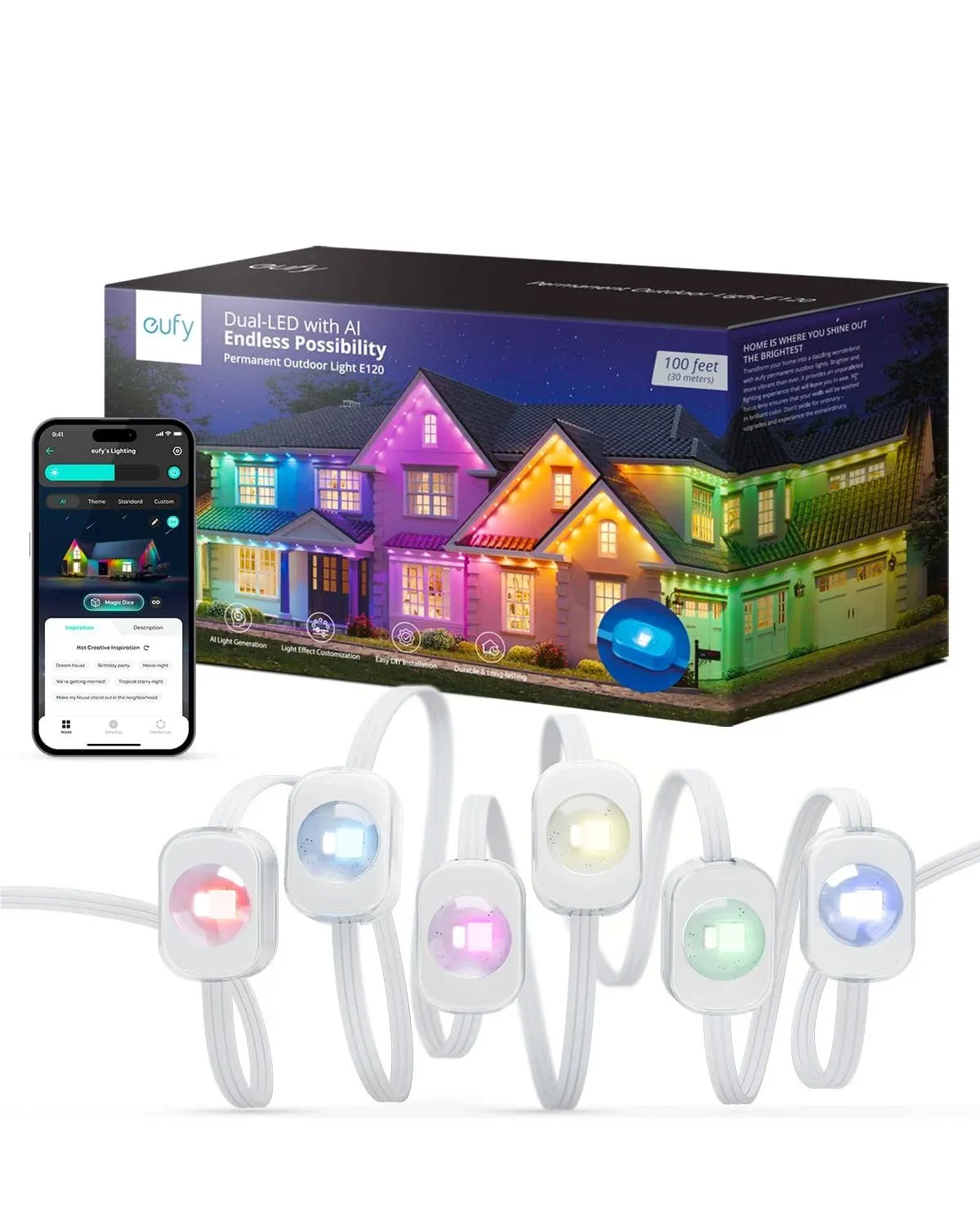 eufy Permanent Outdoor Lights E120, 100ft with 60 Dual-LED RGB and Warm White Eave Lights, App Control, AI Light Design, Endless Themes for Halloween Décor, Christmas Lights, Links with Cameras