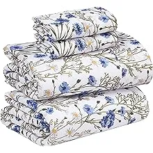 RUVANTI 100% Cotton Percale Sheets for Queen Size Bed - 16 Inches Deep Pocket Perfect Fitting - Crisp & Cool - Smooth & Comfortable - Blue Floral (1 Flat, 1 Fitted & 2 Pillowcases)