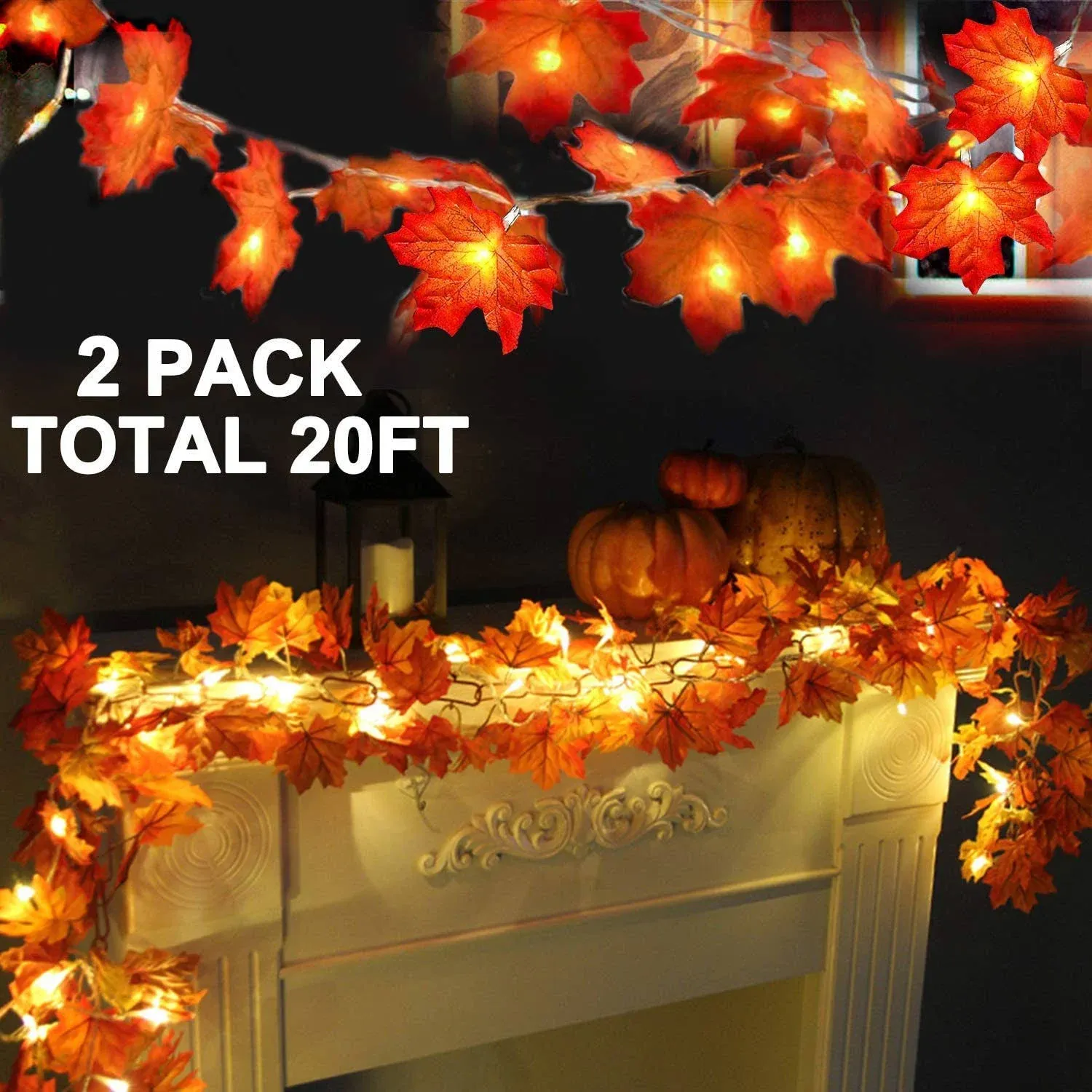 TURNMEON 2 Pack Thanksgiving Decorations Enlarged Maples Leafed Fall Decorations for Home Fall Lights Thick Leafs Garlands, Total 20Ft 40LED Battery Operated Waterproof Halloween Decor Indoor Outdoor