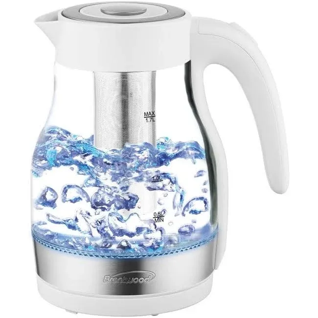 Brentwood Cordless Glass Electric Kettle with Tea Infuser and Swivel Base 1.79-Qt. White (KT-1962W)