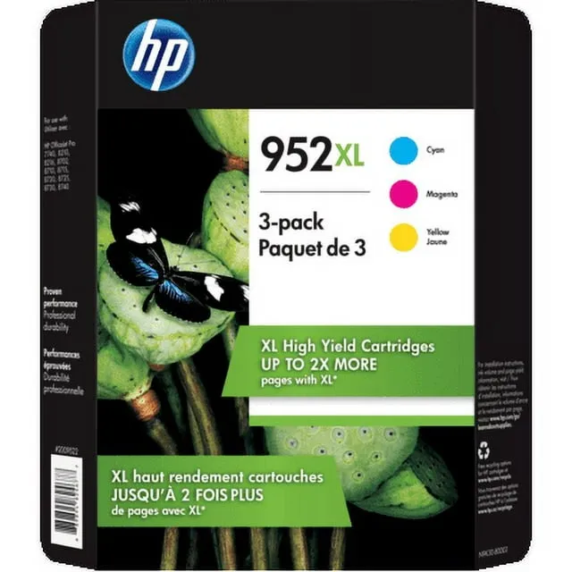 HP 952 Cyan, Magenta, Yellow Ink Cartridges (3-pack) | Works with HP OfficeJet 8702, HP OfficeJet Pro 7720, 7740, 8210, 8710, 8720, 8730, 8740 Series | Eligible for Instant Ink | N9K27AN