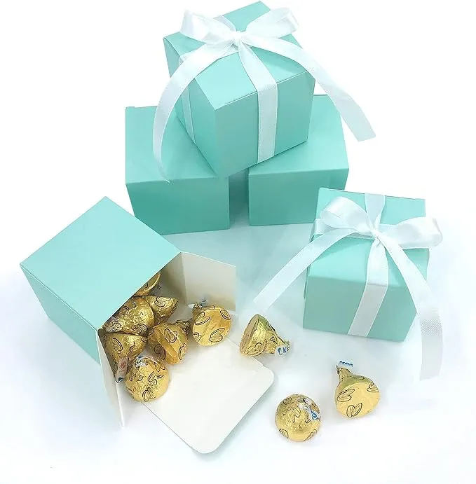 Small Cube Turquoise Candy Treat Boxes Bulk Teal Blue Gift Boxes Wedding Favors Baby Bridal Shower Birthday Party Boxes Supplies, 50pc (Aqua Blue)