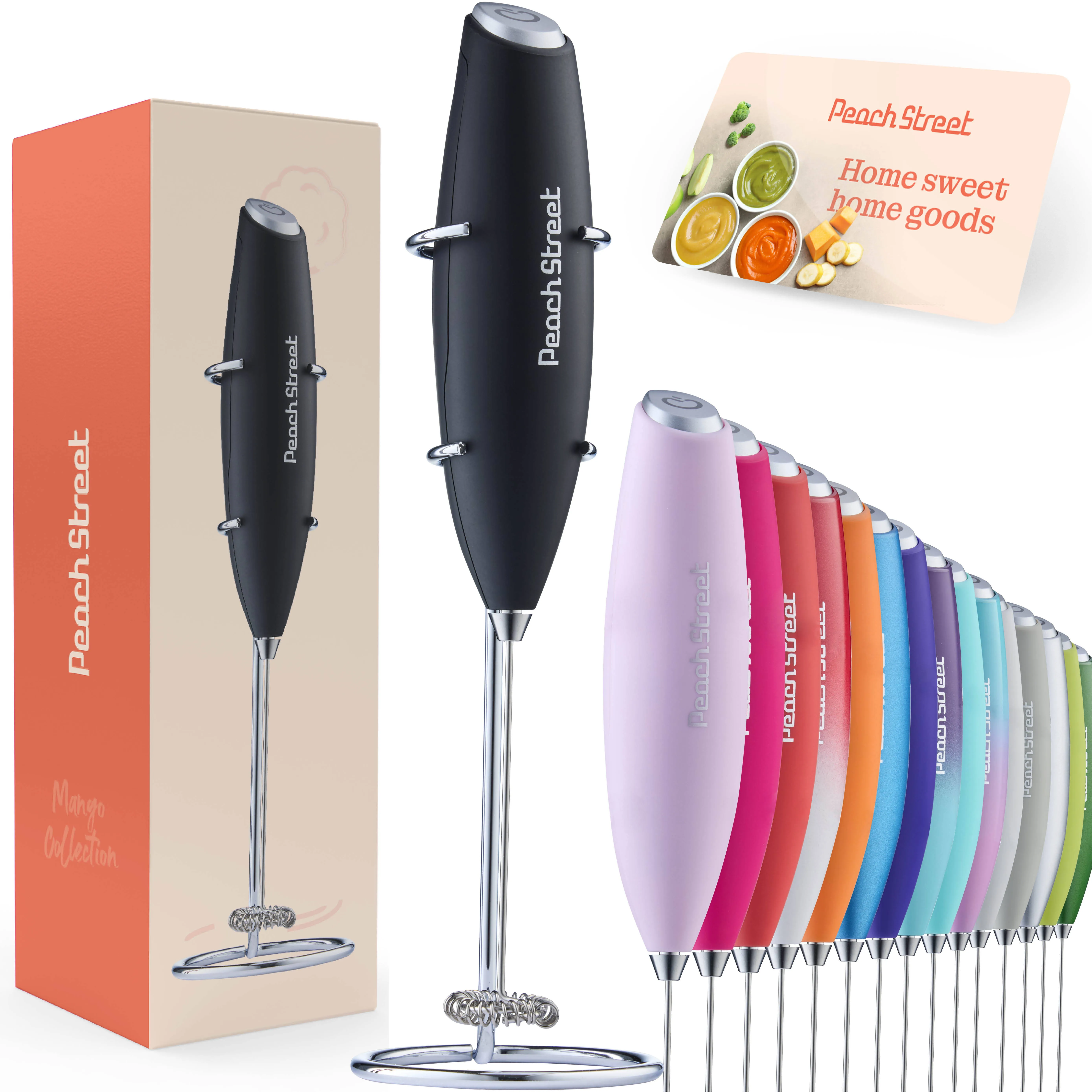 Peach Street Powerful Handheld Milk Frother, Mini Milk Frother, Battery Operated (Not Included) Stainless Steel Drink Mixer - Milk Frother Stand for