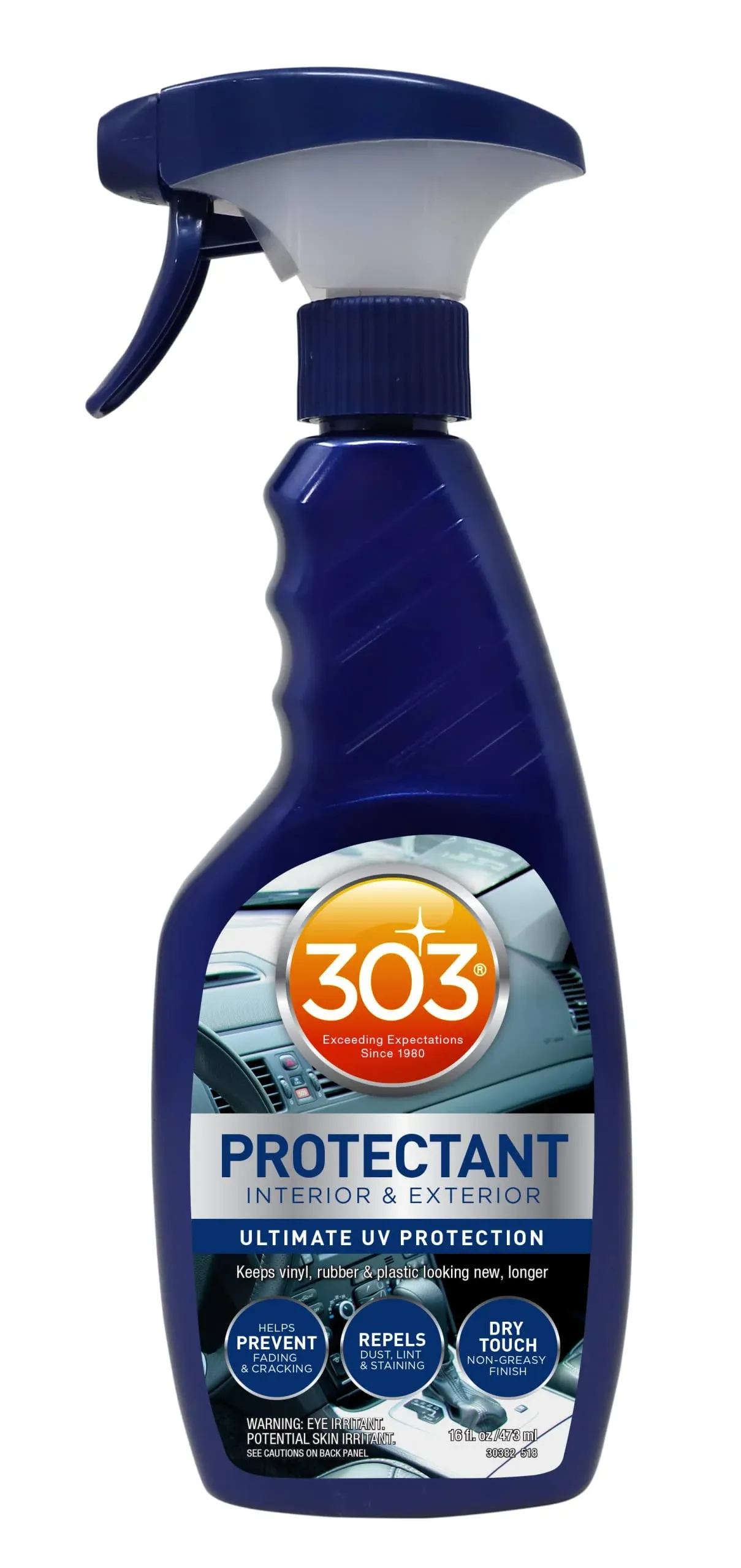 Protector 303 – Interior y exterior automotriz – Protección UV definitiva – Ayuda a prevenir la decoloración y agrietamiento – Repele el polvo, la pelusa y las manchas – Acabado no graso, 16 onzas (30382CSR)