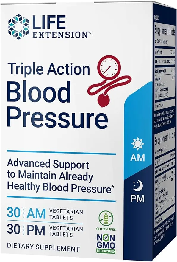 Life Extension Triple Action Healthy Blood Pressure Support, Flavonoid, Quercetin, Gluten-Free, Vegetarian, Non-GMO, AM & PM Tablets, 60 Count