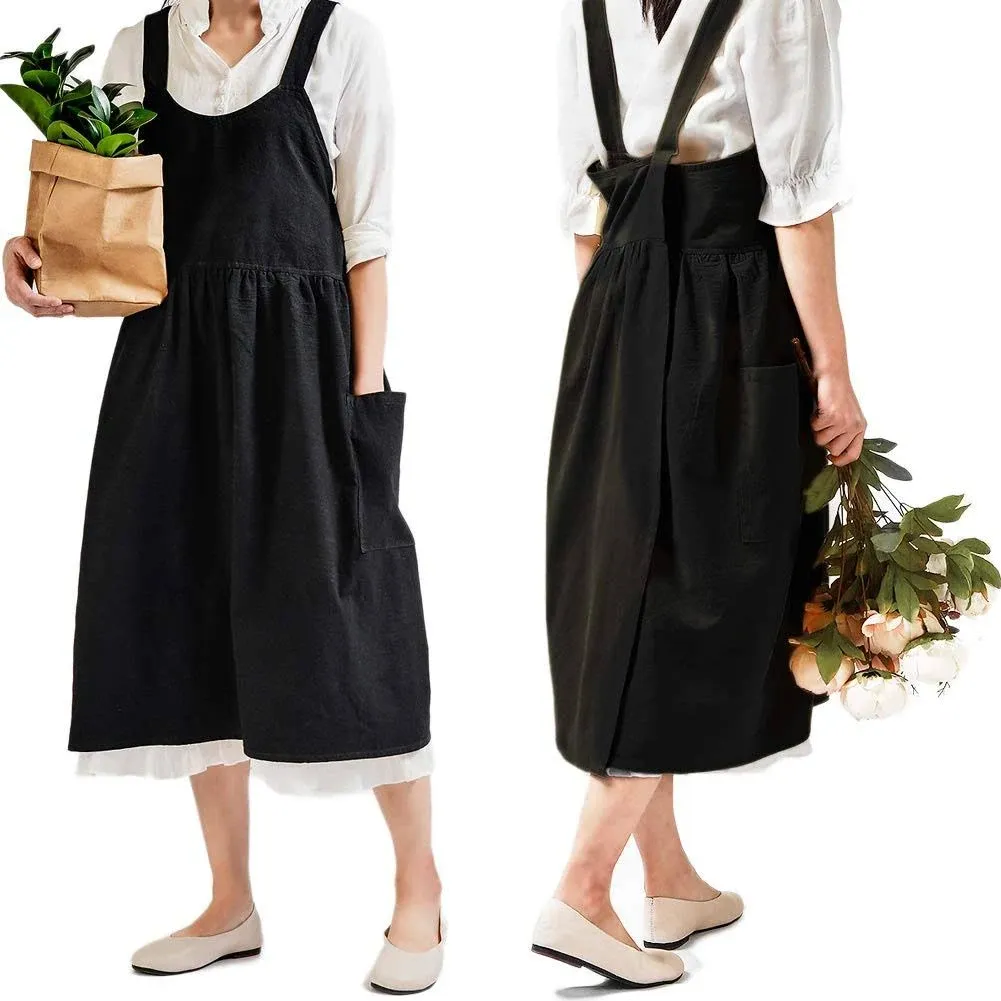 NEWGEM Cotton Linen Cross Back Apron for Women with Pockets for Cooking Baking ...