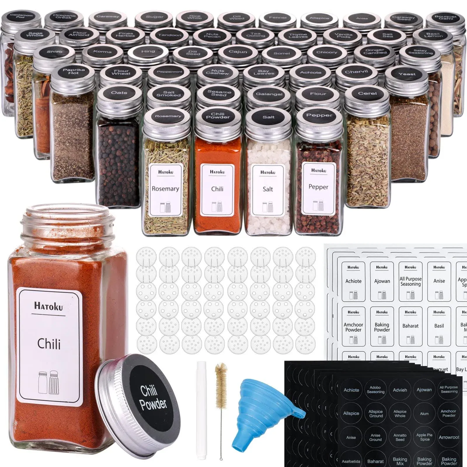 Glass Spice Jars with Labels 4oz Square Bottle Airtight Metal Caps Shaker Lids