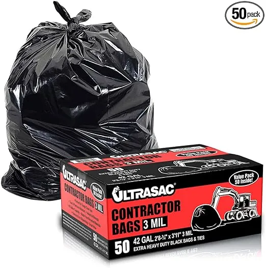 Ultrasac - Extra Heavy Duty Contractor Bags, 42 Gallon, 3 Mil, 32" X 47", Black, 50 Count