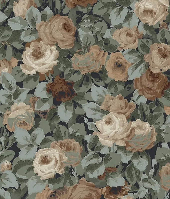 NextWall Rose Garden Floral Peel and Stick Wallpaper (Midnight Blue & Cafe)