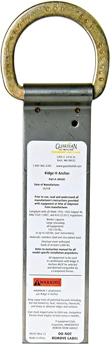 Guardian Fall Protection 00500 RIDG-1 - Anclaje de techo con clavos de 11 pulgadas de longitud y 1 anillo en D