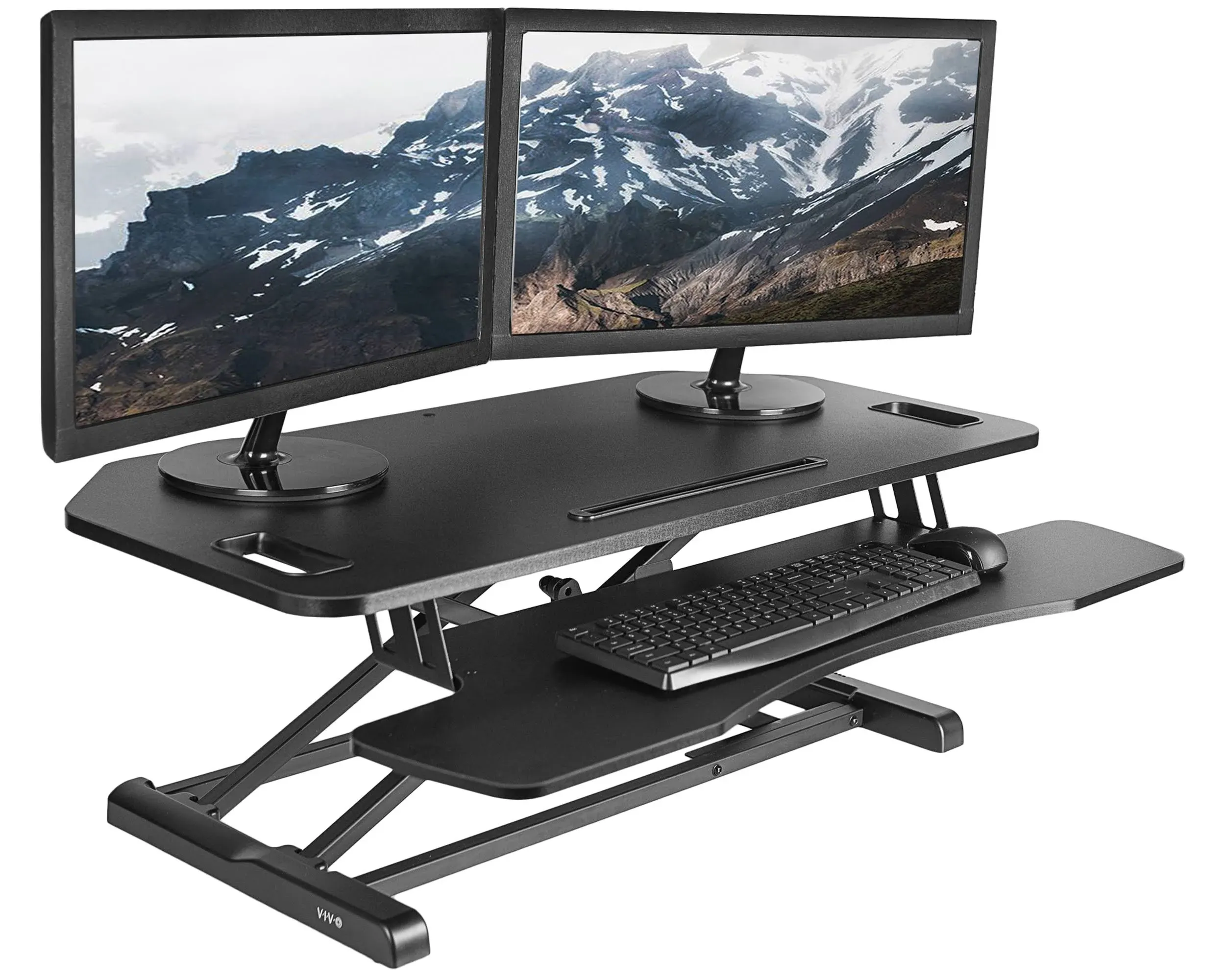 VIVO Extra Wide 38 inch Corner Desk Converter, K Series, Height Adjustable Sit to Stand Riser, Dual Monitor and Laptop Workstation with Wide Keyboard Tray, Black, DESK-V000KL