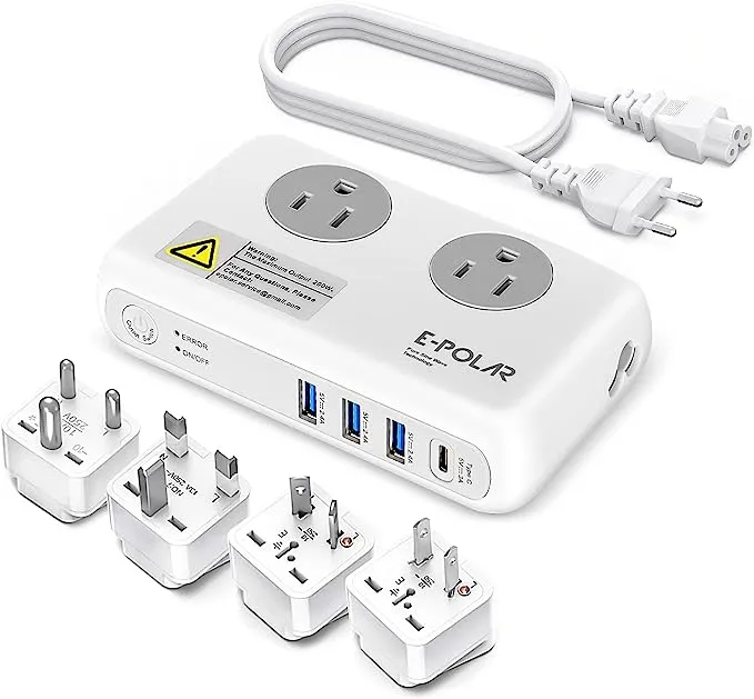 European Travel Plug Adapter Adapter, E-POLAR 220V to 110V Converter 200W, Universal in Worldwide for Curling Iron with 3-Port USB and 1 Type C[Pure Sine Wave]