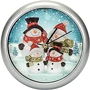 Snowman Family Winter Wonderland Round Silvertone Framed 8 Inch Musical Wall Clock