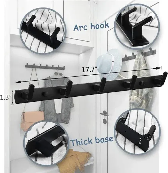 Wall Mounted Coat Racks with 5 Hooks Hanging Holder Towel Rack 17.7"x1.3" Modern Black Hanging for Clothes Entryway Bathroom (5 Hooks)