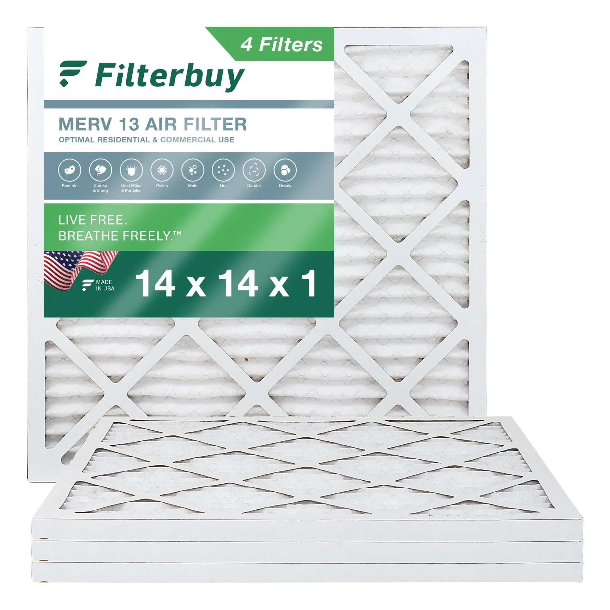 Filterbuy 14x14x1 Air Filter MERV 13 Optimal Defense (4-Pack), Pleated HVAC AC Furnace Air Filters Replacement (Actual Size: 13.75 x 13.75 x 0.75 Inches)