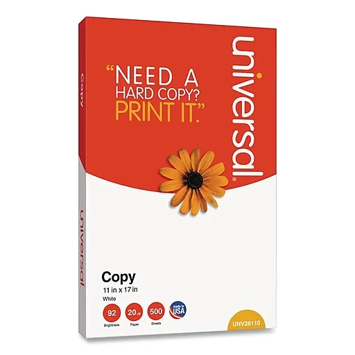 Universal Copy Paper, 92 Bright, 20 lb, 11 x 17, White, 500 Sheets/Ream