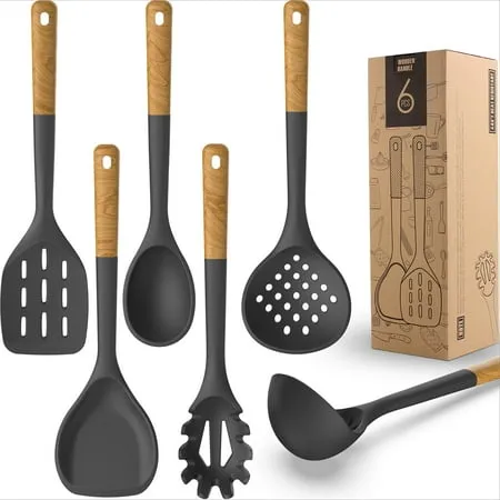 Large Silicone Cooking Utensils - Heat Resistant Kitchen Utensil Set with Wooden Handles, Spatula,Turner, Slotted Spoon, Pasta server, Kitchen Gadgets Tools Sets for Non-Stick Cookware (Khaki)