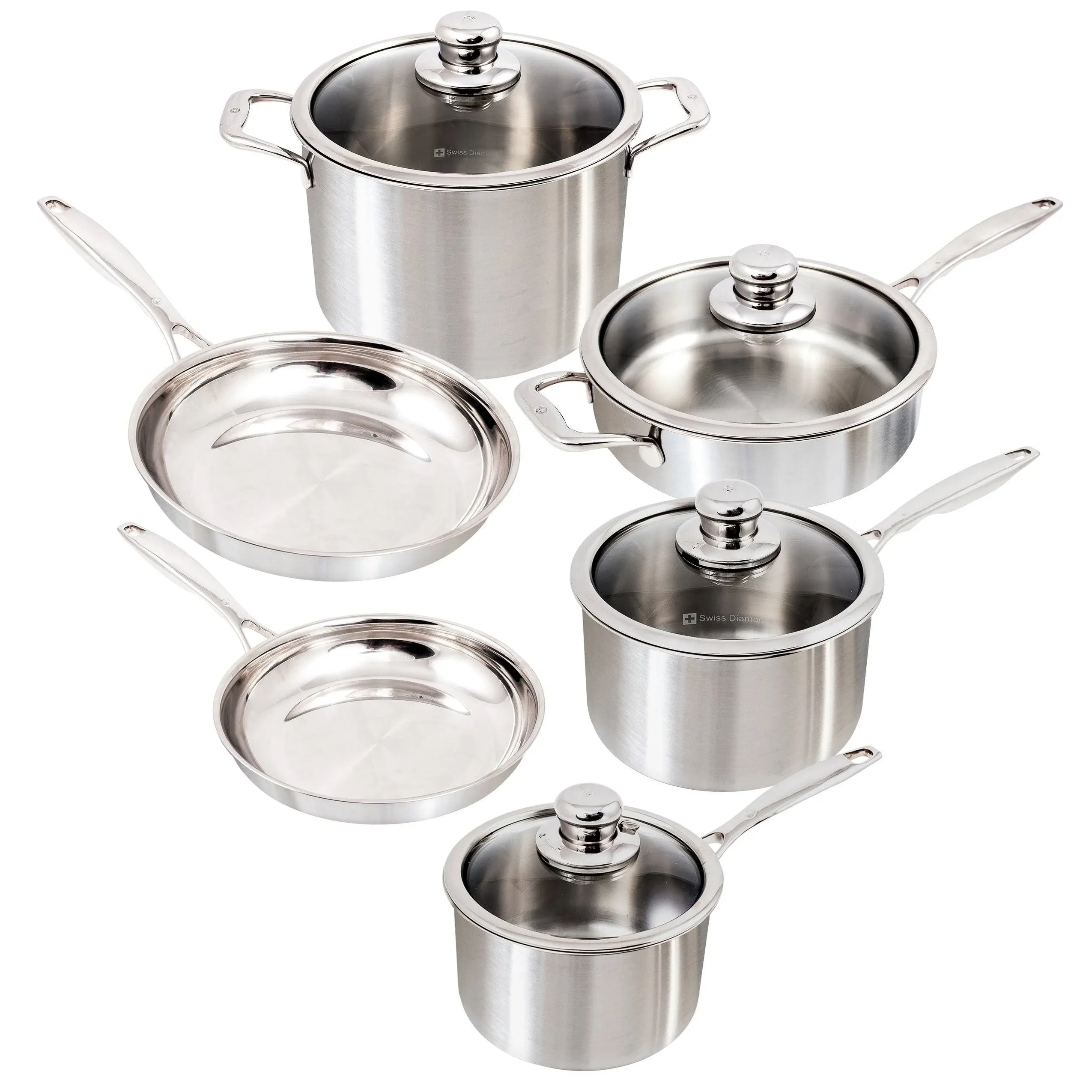 Swiss Diamond Premium Clad 5-Ply Stainless Steel 10 Piece Cookware Set with Satin Exterior Finish, Induction Compatible Stainless Steel Pots and Pans Set - Oven and Dishwasher Safe