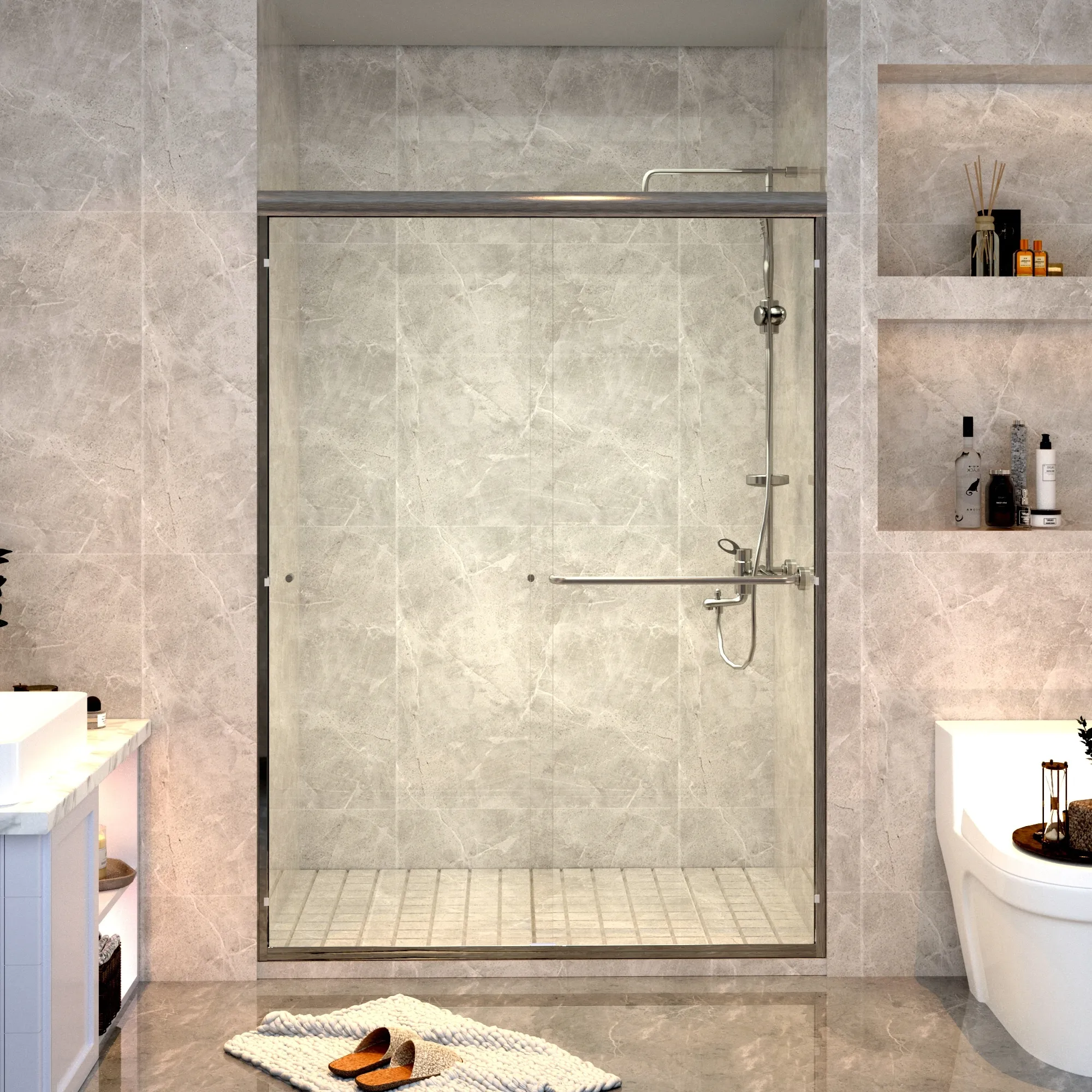 SUNNY SHOWER Bathtub Door 60" W x 57.4" H Bathtub Glass Sliding Shower Tub Door 1/4" Clear Glass, Brushed Nickel Finish Tub Sliding Door