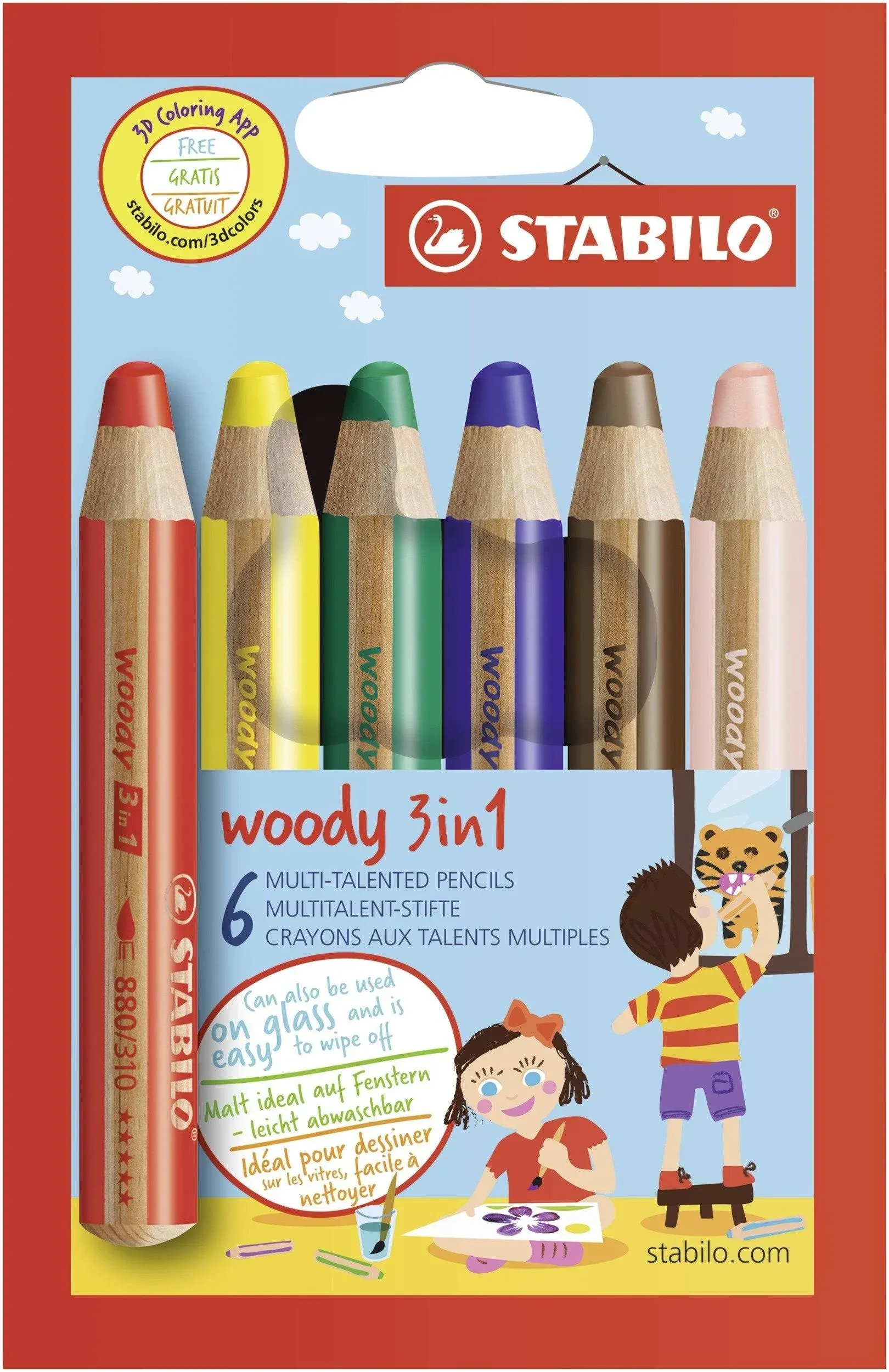 STABILO Multi-Talented Pencil woody 3 in 1 - Pack of 6 - Assorted Colors