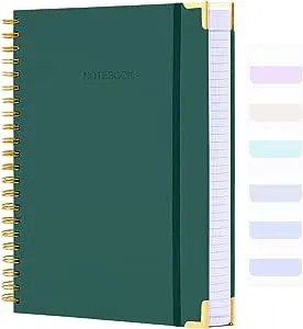 Spiral Notebook, College Ruled Notebook, 8.5" x 11", 300 Pages Hardcover Leather Notebook Journal for Women Men, A4 Large Lined Journal Notebooks for Work School, 24pcs Index Tabs, Green