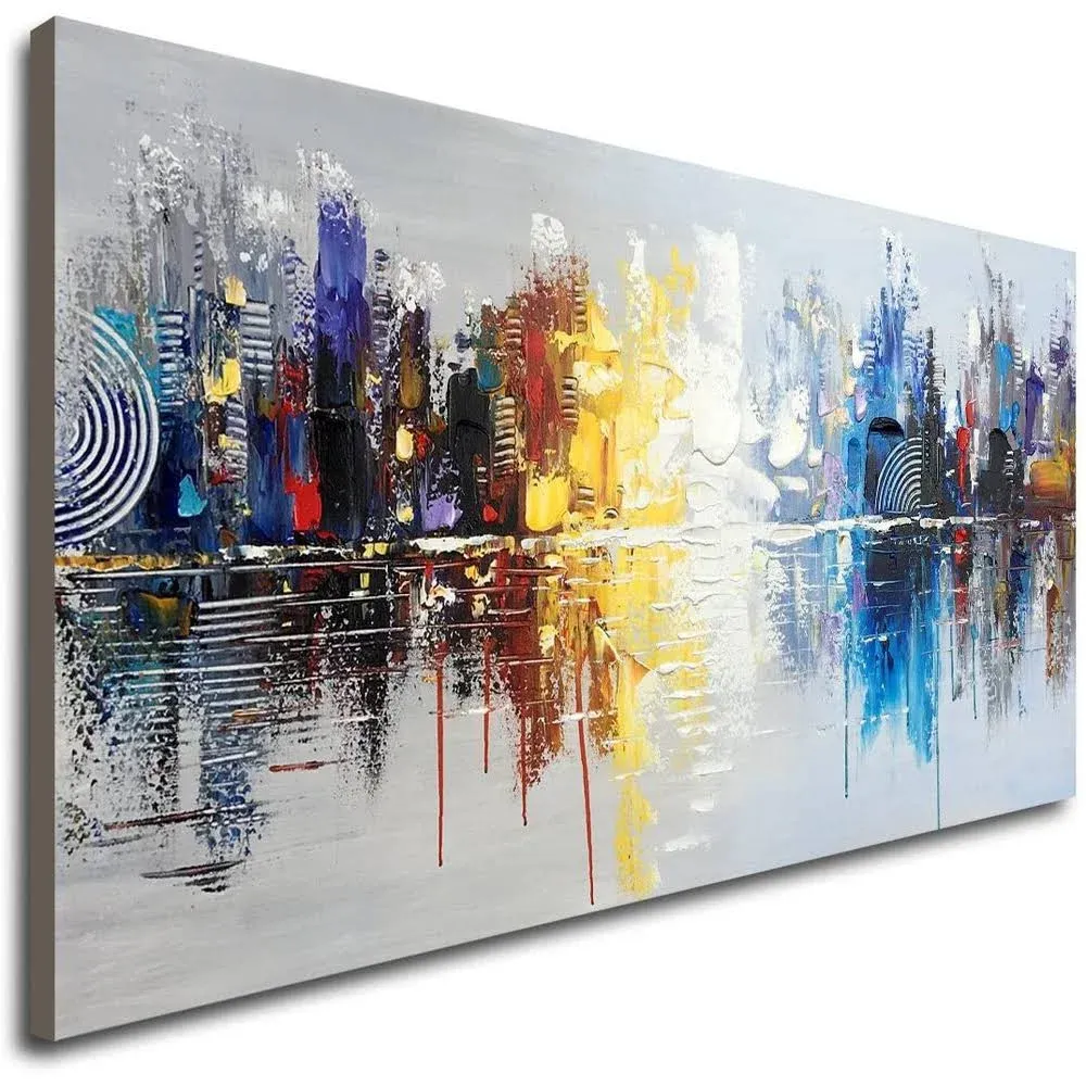 Hand Painted Cityscape Modern Oil Painting on Canvas Reflection Abstract Wall Art Decor (48 x 24 inch)