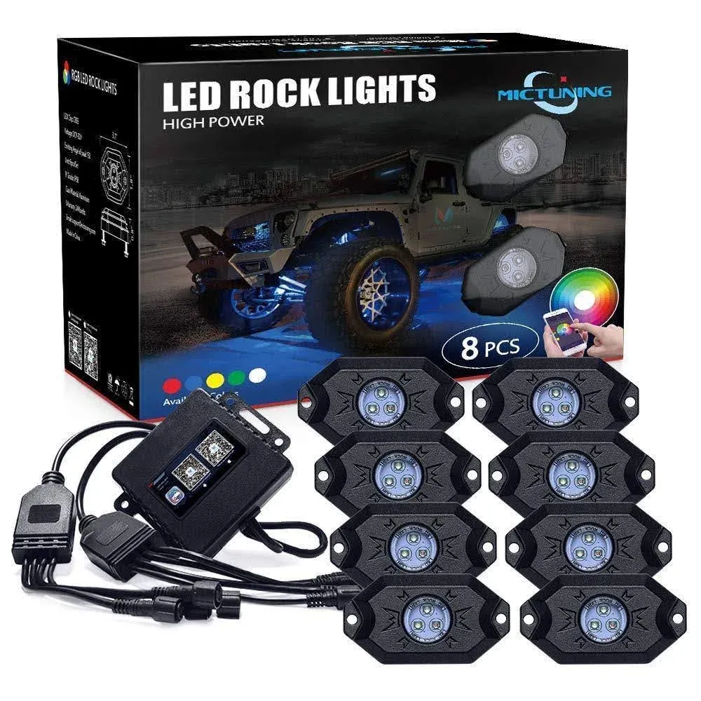 MICTUNING 2nd-Gen RGB LED Rock Lights with Bluetooth Controller, Timing Function, Music Mode - 8 Pods Multicolor Neon LED Light Kit