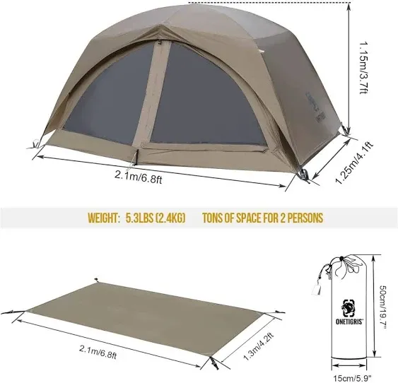 OneTigris SCAENA Backpacking Tent, Lightweight Bushcraft Shelter with Mesh Gear Loft & Footprint, Heavy Duty Double Layer Freestanding 2 Person Tent for Camping, Hiking, Bushcraft, Mountaineering