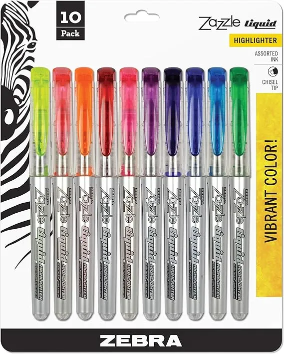 Zebra Pen Zazzle Liquid Ink Highlighter, Chisel Tip, Assorted Colors, 10-Count