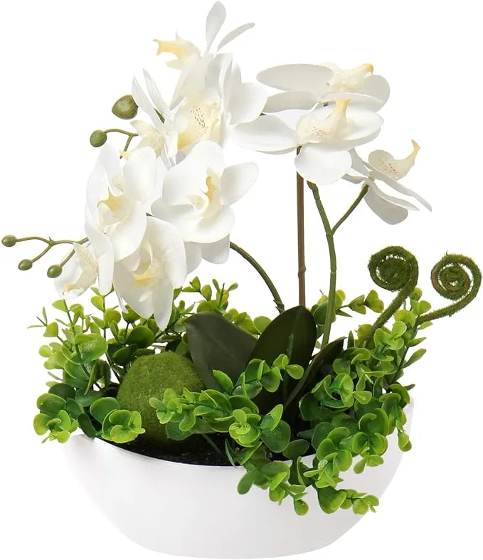 Briful Orchids Artificial Flowers 14" Large Fake Orchid White Phalaenopsis Orchid Flower Arrangements with Ceramic Vase Faux Orchid for Home Bathroom Table Centerpiece Office Wedding Decor