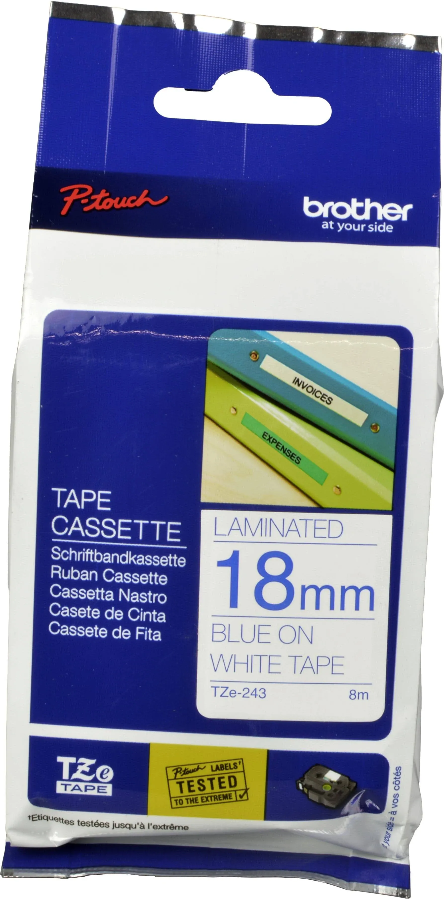 Brother TZe243 Original P-Touch Label Tape - 3/4 x 26.2 ft (18mm x 8m) Blue on White