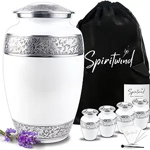 Spiritwind Cremation Urns for Adult Ashes Keepsake Set - Cremation Urn with 4 Small Urns for Human Ashes - Urns for Ashes Adult Male, Urns for Human Ashes Adult Female, Set of 5 Urns (Eternal White)