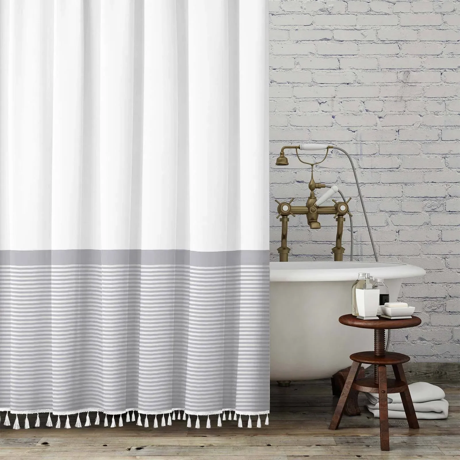 Seasonwood Shower Curtain White Modern Farmhoouse Shower Curtain with Tassels,Gray Striped Shower Curtains for Bathroom Decor,Polyester Fabric,72 x 72