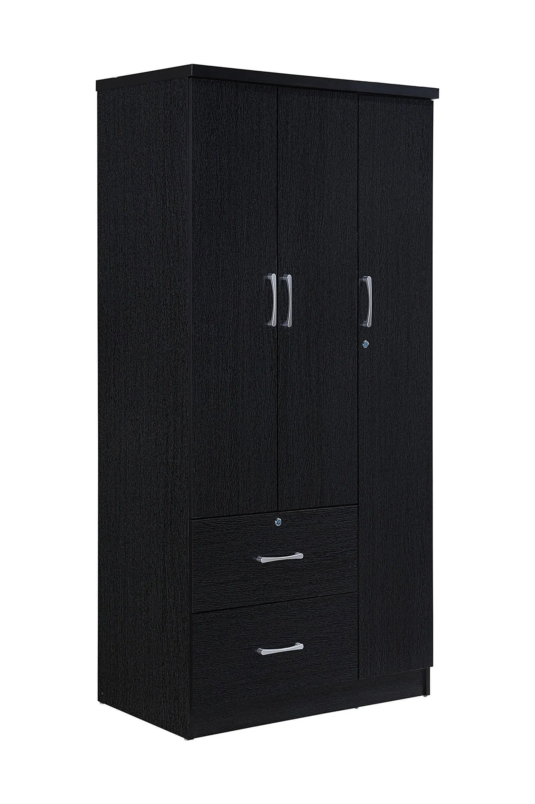 Hodedah 3-Door Armoire with 2-Drawers, 3-Shelves - Black